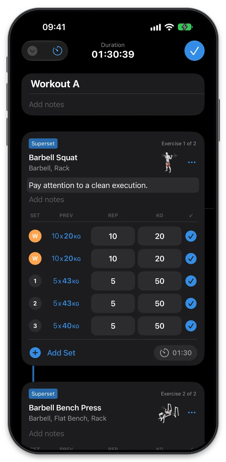 Recording sets and repetitions in Liftlog+ for iOS