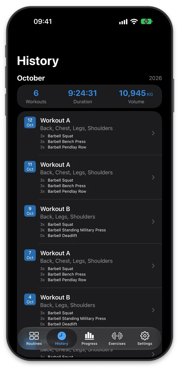 Completed workout history in Liftlog+ for iOS