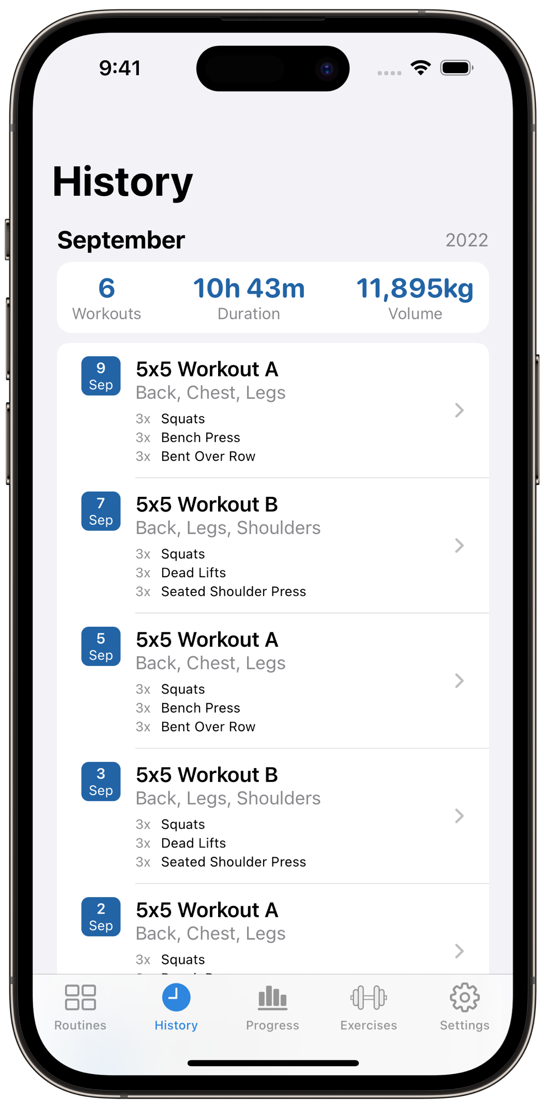 Workout History Screen on iOS
